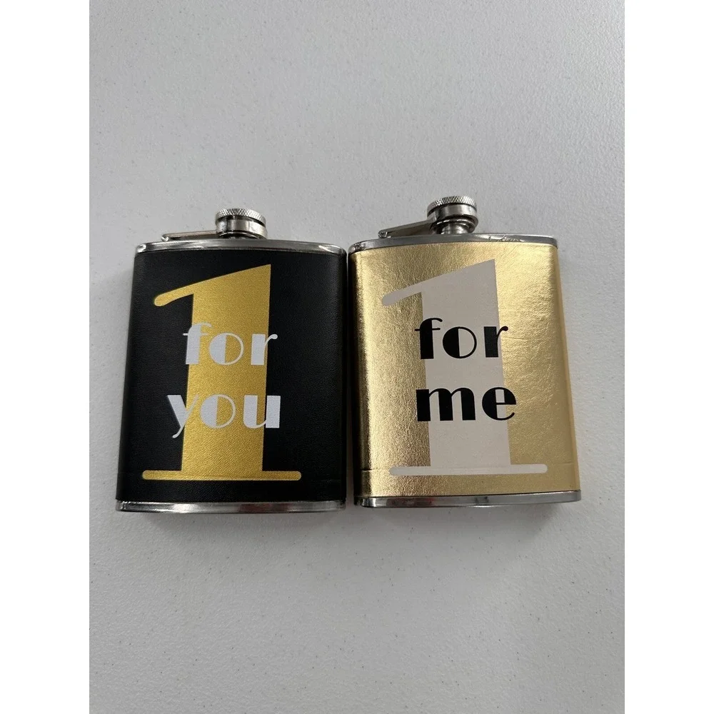 Flask Set of 2 Wild eye designs 1 For Me For You Gold Bar Gift Party Stainless c